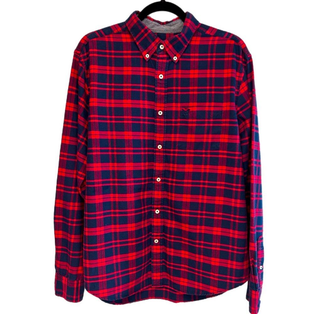 American Eagle Red & Blue Plaid Button Down Flannel Shirt Long Sleeve Size Large